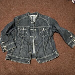 Chico's Size 1 Denim Jacket With Bling Buttons And White Stitching